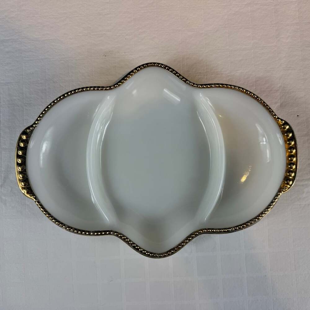 Vintage Fire King Gold Trimmed White Milk Glass Divided Serving Dish